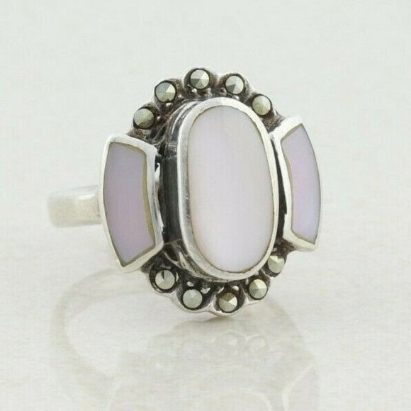 Sterling Silver Mother of Pearl and Marcasite Ring Size 6 1/4 - Picture 1 of 8